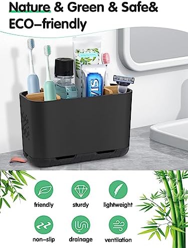 GFWARE Black Toothbrush Holder with Drainage, Bathroom Organizer, Large | 5 Slots Toothbrush and Toothpaste Holder with Bamboo Divider, Kids Electric Toothbrush Holder for Bathroom Sink Organize