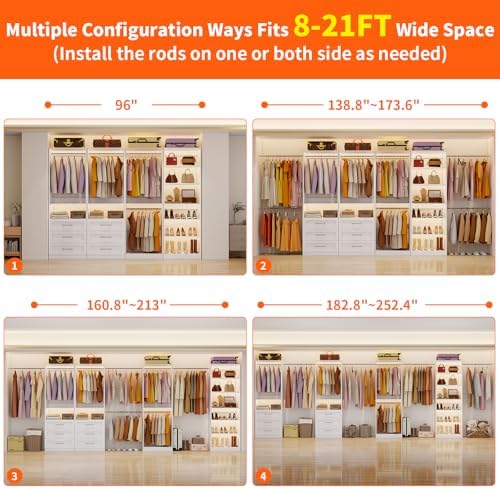 Closet System Set of 4, 8-21FT Closet System with 6 Drawers, 8 Shelves & 8 Hanging Rods, Custom Walk in Closet Organizer System Adjustable, Max 252“ Modular Closet Storage System Wood, White