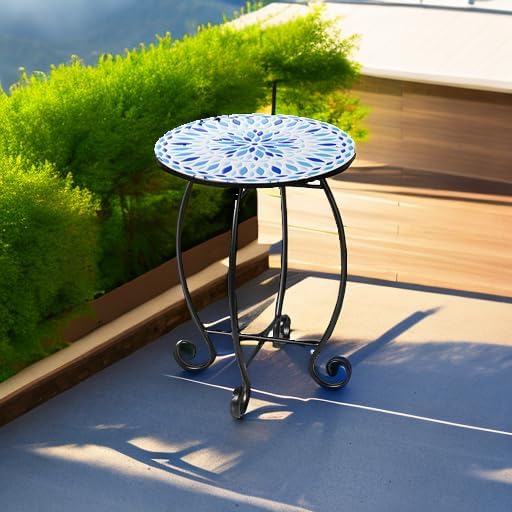 14" Outdoor Side Table, Scrollwork Accent Round End Table, Unique Relief Ceramic Tile Tabletop with Metal Frame, Coffee Tea Table Nightstand for Living Room, Bedroom