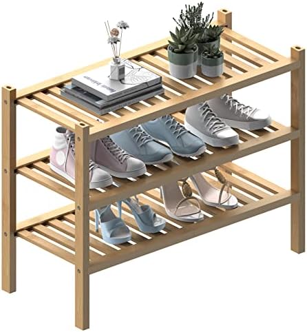 ROMGUAR CRAFT (Thick Bamboo Shoe Rack for Entryway, 3-Tier Free Standing Shoe Racks Stackable Shoe Rack Organizer for Hallway Closet Living Room 27 x12 x21 Inches