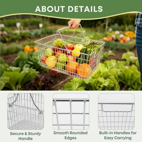 Small Picnic Baskets, Wire Baskets for Organizing with Foldable Handle - 12.6"x9.1"x5", Sturdy Stainless Steel Storage Baskets for Outdoor Picking, Picnic, Kitchen & Fridge & Cabinet Organizer(1, S)