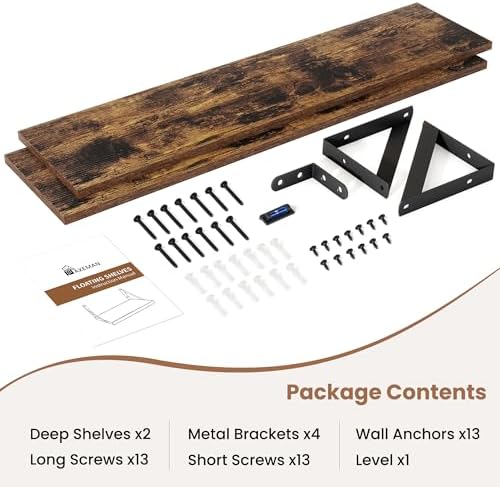 Axeman 40 Inch Floating Shelves, 8 Inch Deep Brown Wall Shelves Set of 2