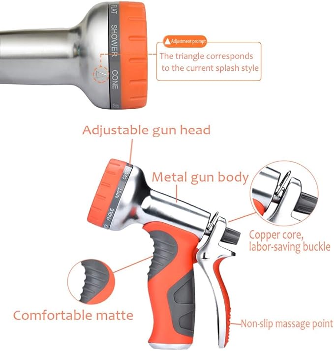 HmiL-U Garden Hose Nozzle Sprayer, Heavy Duty Metal High Pressure Water Gun, 9 Adjustable Watering Patterns Suitable for Watering Plants Washing Cars and Showering Pets