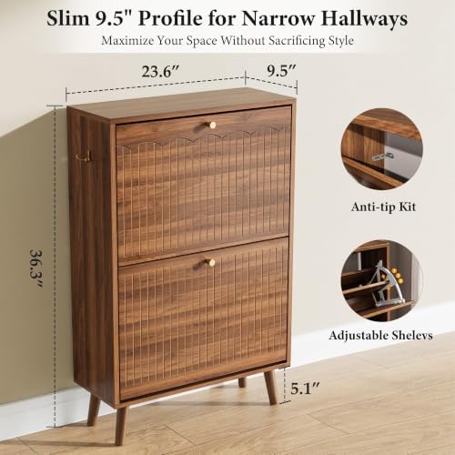 Nicetree Shoe Storage Cabinet for Entryway, 9.5inch Slim Shoe Rack with 2 Flip Drawers, Mid-Century Modern Walnut Shoe Cabinet Storage, Narrow Shoe Organizer with Adjustable Shelves for Small Spaces