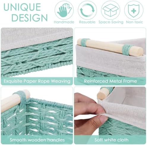 Wicker Storage Basket with Wooden Handle – Paper Rope Decorative Toilet Paper Baskets & Bathroom Organizer for Toilet Tank Top, Shelves, Bedroom, Countertop,Home,Office Storage Bins, 2 Pack,Mint Green