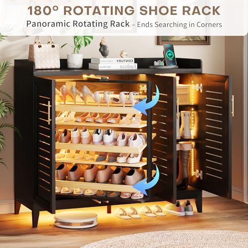 Vlsrka Rotating Shoe Storage Cabinet with Slatted Doors and Lights, Black
