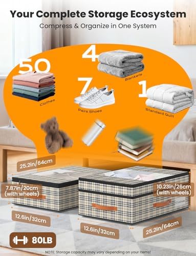 TOSKING 2-Pack Under Bed Storage Drawers with Wheels, 6 Vacuum Bags, Adjustable Height 7.9-10.2", 63L/80 lbs Clear Lid Rolling Bin, 900D Oxford, Space Saver for Dorm Bedroom Clothes Shoes, Houndstooth