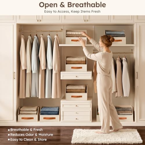 Homsorout Fabric Storage Bins for Organizing - 12 Pack Large Trapezoid Collapsible Storage Bins with Front Handle, Closet Organizers and Storage for Bedroom, Home Shelves, Small Spaces, Beige