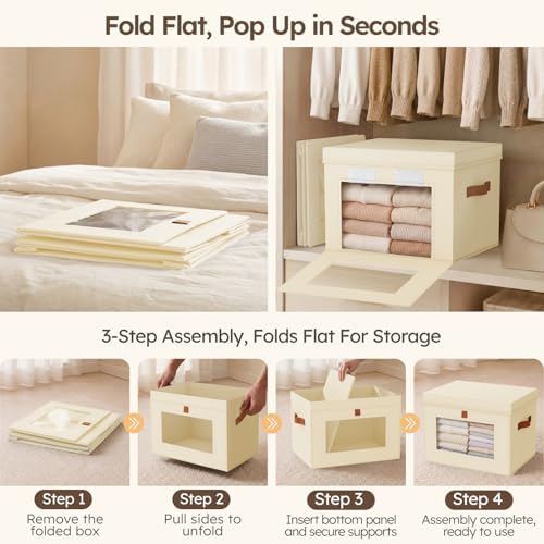 Homsorout Storage Bins with Lids - Front Opening Storage Box with Clear Window & Handles, Stackable Foldable Fabric Bins for Closet Organization, Clothes, Sweaters, Towels, Blankets, 6 Pack, Beige