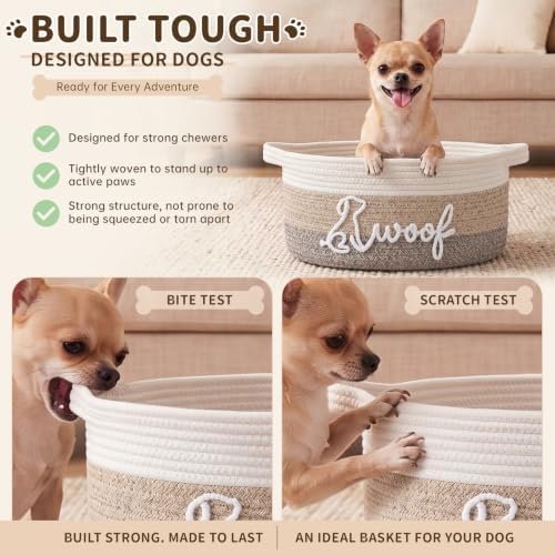 OIAHOMY 22L Large Dog Toy Basket, 16.5"x11.4"x9" Cotton Rope Basket with Cute Woof Embroidery, Soft Woven Pet Toy Box with Handles for Blankets, Leashes & Puppy Accessories, Decorative Organizer Gray