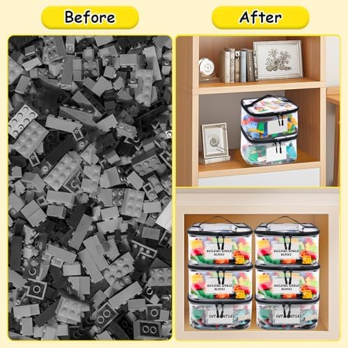 Tesuko 6 Pack Clear Toy Storage Bag with Name Tag& Manual Pocket, Waterproof Transparent PVC Toy Organizer Case for Lego Bricks, Board Games, Building Blocks, Puzzles (Large Capacity, Black)