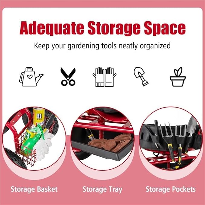 ERGOMASTER Garden Seat with Wheels, Outdoor Gardening Wagon Scooter, 2 Steering Handles, 360° Swivel Workseat & Tool Storage, Use for Patio, Yard, Lawn, Red