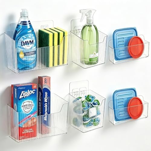 RR RAXMIN 6 Pack Cabinet Door Organizer ,Clear Storage Caddy, Adhesive Wall Mounted Organizer Bins, ,Stackable Basket for Kitchen Cabinets, Bathroom, Pantry, Office, and Tabletop Organization