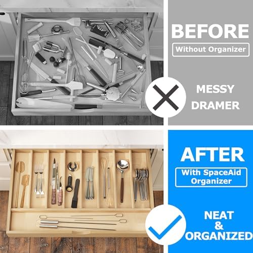WelFurGeer Solid Birch Wood Silverware Drawer Organizer, Wooden Cutlery Drawer Organizer, Utensil Tray for Kitchen Drawers, Kitchen Utensil Organizer for Silverware, Flatware, Spoons, Forks, Knives