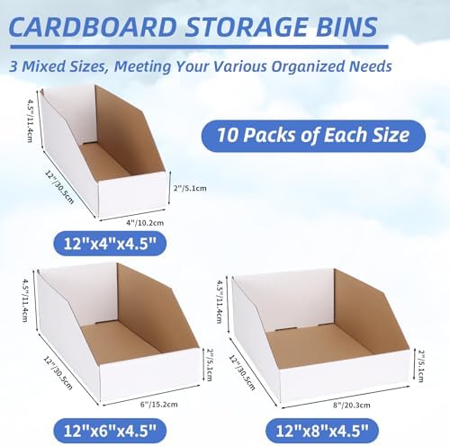 ZBEIVAN Cardboard Storage Bins Boxes 30 Packs, Easy Assembly Pantry Organizer Bins for Shelf, White (12x4x4.5, 12x6x4.5, 12x8x4.5 Inches)