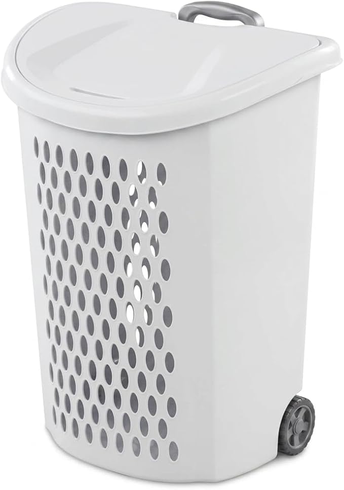 Portable Plastic Laundry Hamper with Pull Handle and Rolling Wheels | Wheeled Basket, White, Easy Mobility, Lightweight Design, Indoor Use