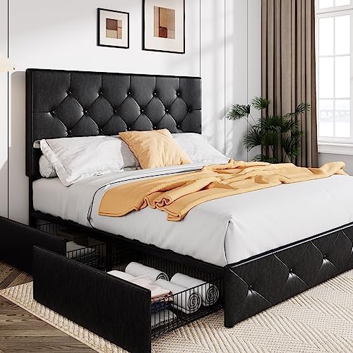 Allewie Queen Size Storage Bed Frame with 4 Underbed Drawers, Black