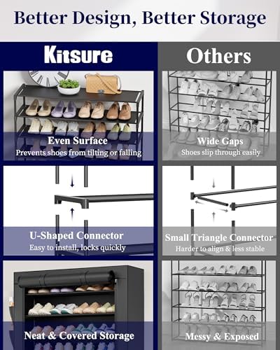 Kitsure 10-Tier Shoe Rack with Cover, Tall Shoe Shelf, 33" Wide, Black