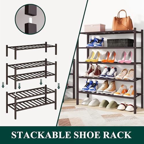 Smiry Bamboo Shoe Rack, 12 Vertical Slats, 2 Tier - 26.8" Wide, Brown