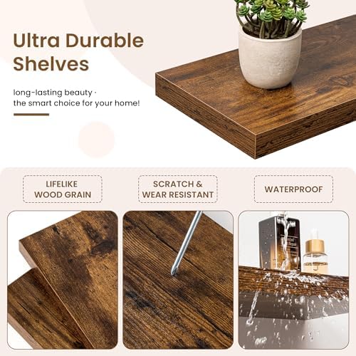 Marsmiles 24in Floating Shelves for Wall, 24" W x 9.25" D x 1.25" H, 2 Pack Long Wall Mounted Engineered Wood Shelves with Invisible Brackets for Living Room, Bedroom, Bathroom, Kitchen, Rustic Brown