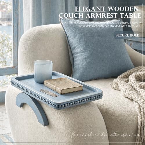 EOSAHR Farmhouse Couch Tray: Foldable Sofa Arm Tray for Drinks & Snack,Blue | 13"×9"×1", Bead Edge, Pine Wood, Anti-Slip Mat, 2 Strong Spring Hinges, Double as Small Coffee Table & Snack Holder