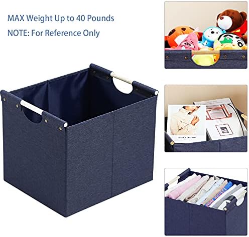 HOONEX Large Foldable Storage Bins, Linen Fabric, Pack of 2, Storage Baskets with Wooden Carry Handles and Sturdy Heavy Cardboard, for Home, Office, Car, Nursery, Blue