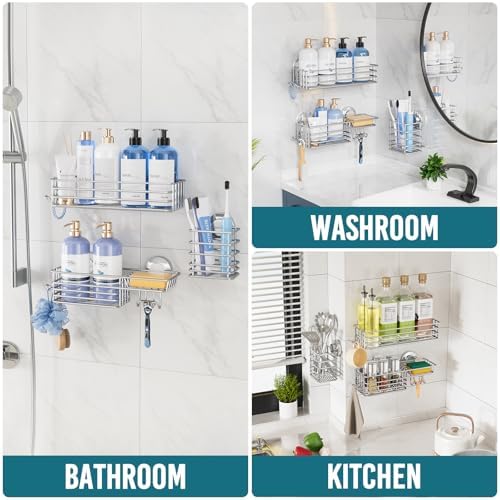 TAILI Shower Caddy Suction Cup, 3 Pack Shelves for Inside with Hooks | Rustproof Silver Storage, Soap Holder, Toothbrush Cups, Removable Bathroom Organizer