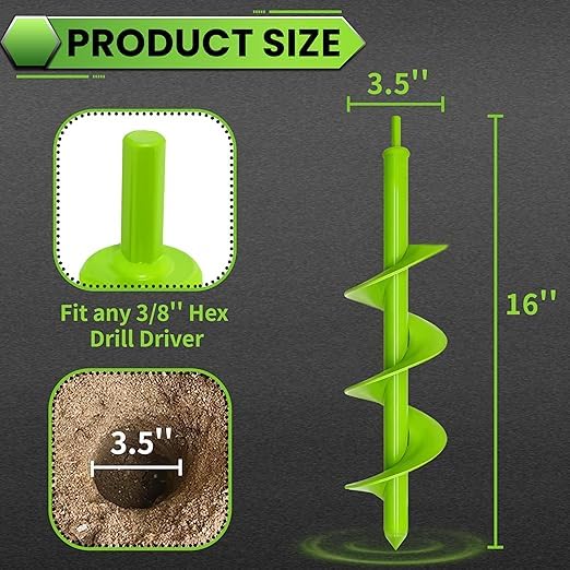 Green Garden Auger Drill Bit for Planting, 3.5"x16" Post Hole Digger & Bulb Planter Tool, Fits 3/8" Hex Drive Drill, for Seeds, Flowers, Tree Roots, Fence Posts and so on