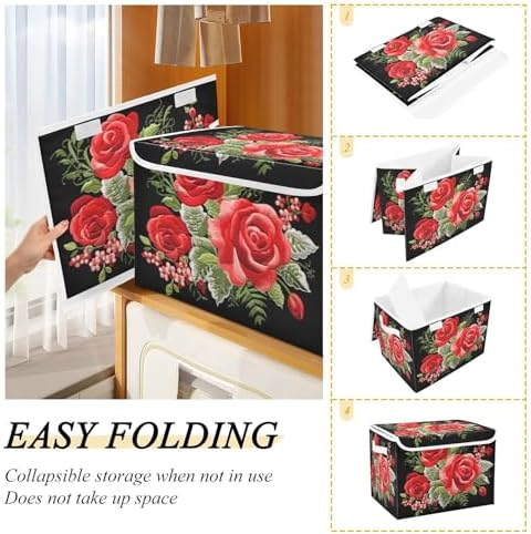 senya Flower Baskets Collapsible Storage Bins with Lids, Rose Flower Retro Style Storage Boxes Clothes Baskets for Organizing, B06D22020