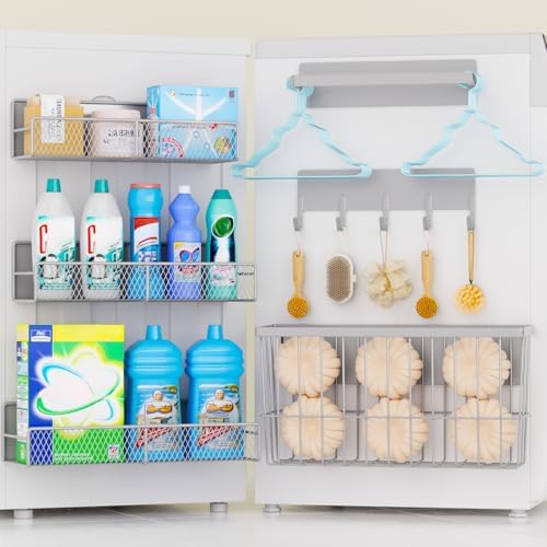 DTUQYX Laundry Organizer with Hanger 6-Pack, Magnetic Shelves for Washing Machine, Magnetic Refrigerator Shelves, Magnet Holder & Baskets, Metal Storage System for Laundry Room, Grey