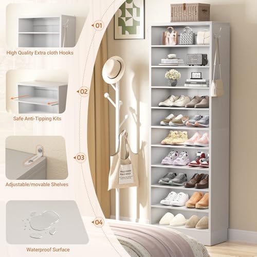 Aheaplus 10 Tiers Narrow Wood Shoe Rack, Tall Shoe Storage Cabinet, Grey