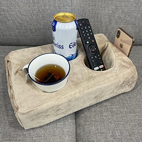 Couch Cup Holder Pillow, Couch Drinks Remotes Holder for Center of Couch, for Sofa, Bed, RV, Car (Beige)