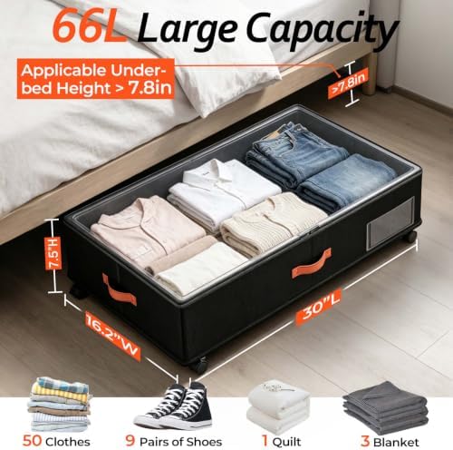 Under Bed Storage with Wheels 2-Pack, Under Bed Storage Containers 66L Clear Lids, Rolling Storage Drawers for Clothes Shoes Blankets, Underbed Organizer Bins(30" L x 16.2" W x 7.5" H)