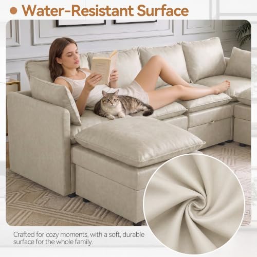 30" Storage Modular Single Sofa with Ottoman Faux Leather,Beige