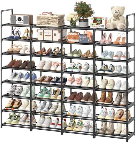 Simple Trending 8-Tier Shoe Rack Large Capacity 64 Pairs Tall Shoe Shelf, Sturdy Metal Shoe Organizer for Entryway, Closet, Bedroom, Black