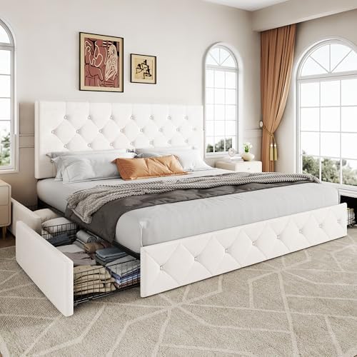 Allewie King Size Storage Bed Frame with 4 Underbed Drawers, Soft White