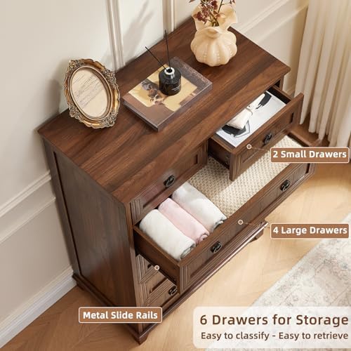 Joaxswe Farmhouse 6 Drawer Dresser for Bedroom, 41" Tall Chest of Drawers | Rustic Wood Dresser with Metal Handle, Storage Organizer Closet for Living Room, Hallway, Entryway, Brown