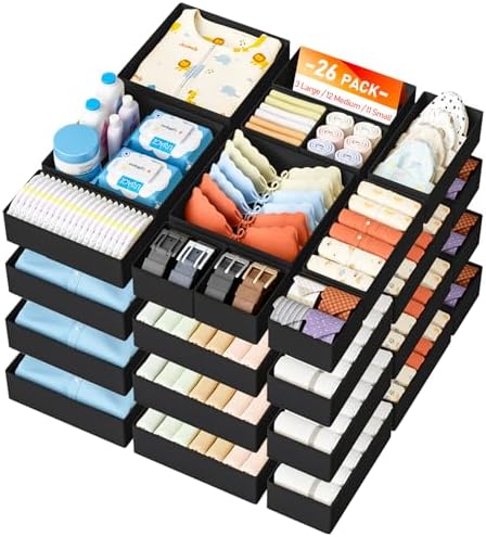 DIMJ Drawer Organizer Clothes- 26 Pack Baby Dresser Organizer for Nursery, Small Fabric Closet Drawer Organizer Bins for Underwears Socks, Foldable Storage Dividers Organization for Bedroom