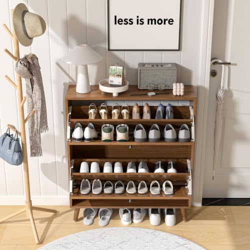 Fsbecl Shoe Storage Cabinet for Entryway with 2 Fluted Flip Drawers, Walnut