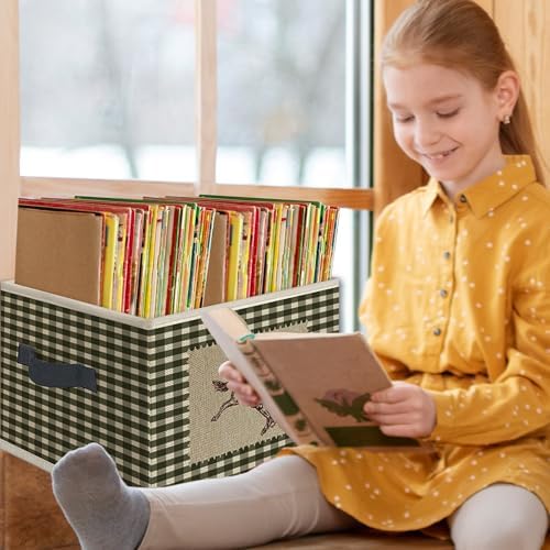 Vintage Western Cowboy Foldable Storage Bins Box with Handles, Retro Neutral Gingham Cowboy Horse Collapsible Toys Books Clothes Organizer Basket for Bedroom Bathroom