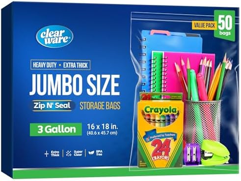 Large Storage Bags With Zipper Top - 3 Gallon Size, 16" x 18", Extra Large Plastic for Clothes, Travel, Moving, Large Reusable freezer bags, BPA-Free, 2-mil Thick (X-Large, 50, Count)