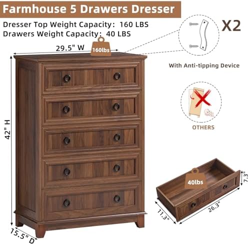 Joaxswe Farmhouse 5 Drawer Dresser for Bedroom Set of 2, 42.5" Tall Small Dressers & Chest of Drawers, Rustic Wood Dresser with Metal Handle, Storage Organizer Closet for Living Room, Hallway,Entryway | Chest of Drawers, Rustic Wood Dresser with Metal ...