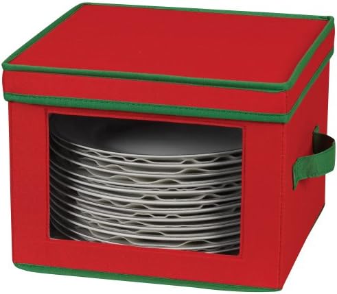 Household Essentials 536RED Holiday China Storage Chest with Lid and Handles | Dinner Plate | Red Canvas with Green Trim