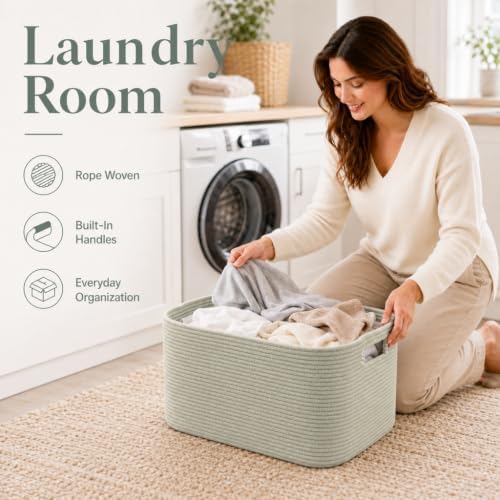 12.8GAL Small Cute laundry basket for nursery, Boho Square storage basket for Living Room Decor, Kids Girls Boys Toys Stuffed Animal Decorative Short Hamper for Dirty Clothes, Bath Towel Sage Green