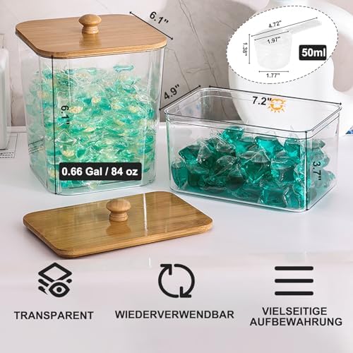 FUSHITON Laundry Pods Storage Container, 4+1 Set Clear Storage Bins with Bamboo Lids for Detergent Pods, Scent Beads & Dryer Sheets, Includes 16 Labels and 3 Measuring Scoops