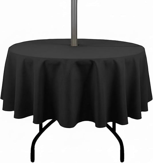 Outdoor Tablecloth Wrinkle-Free Stain Resistant Waterproof Polyester Fabric Table Cover with Zipper Umbrella Hole for Picnic/Party/Dinner/Patio Garden(70inch Round,Zippered,Black)