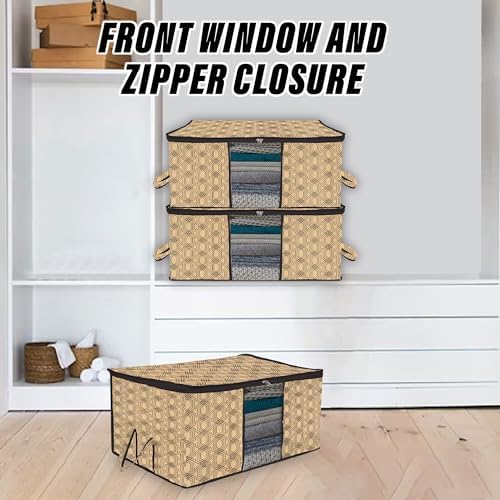 Kuber Industries Underbed Storage Bag | Clothes Storage Organizer | Blanket Cover with Clear Window | Zipper Closure & Handle Cloth Organizer | Check-Design | Large | Pack of 3 | Coffee