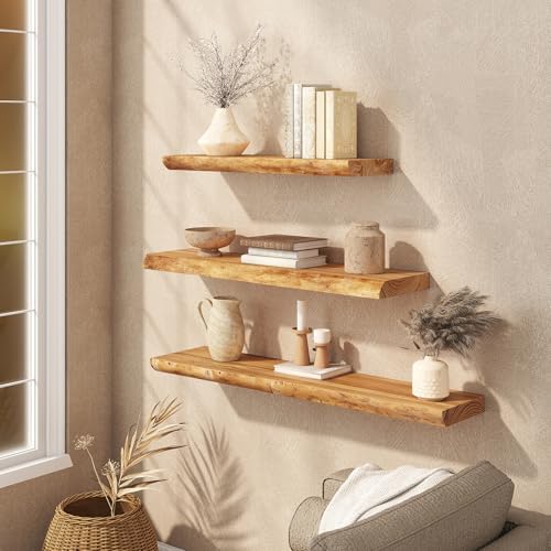 24" Floating Shelves Set of 2, Solid Elm Wood, Natural Live Edge