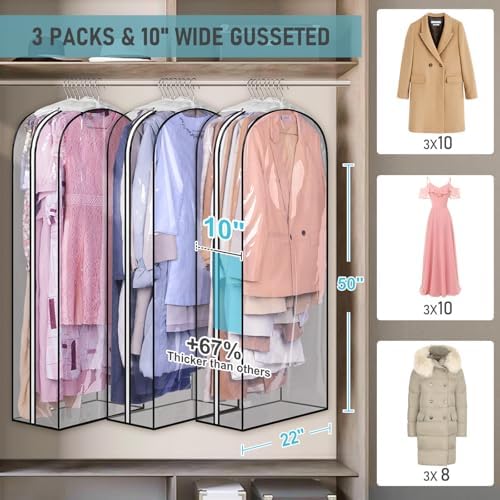 MISSLO 10" Gusseted All Clear Garment Bags for Hanging Clothes 50" Dress Bags for Closet Storage Coat Protectors for Suits, Gowns, 3 Packs