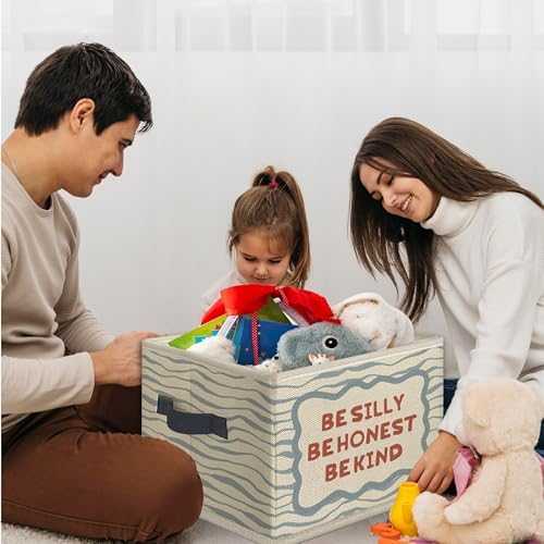 Inspirational Foldable Storage Bins Box with Handles, Be Silly Honest Kind Blue Striped Motivational Collapsible Toys Books Clothes Organizer Basket for Kids Nursery Room Bedroom Classroom